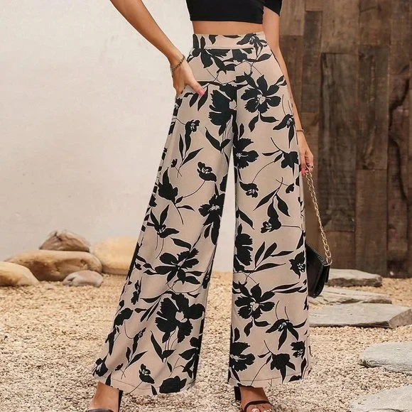 Khaki Casual Women's Puff Sleeve Top Flower Printed Wide Leg Pants Two Piece Set - Picture 4 of 5